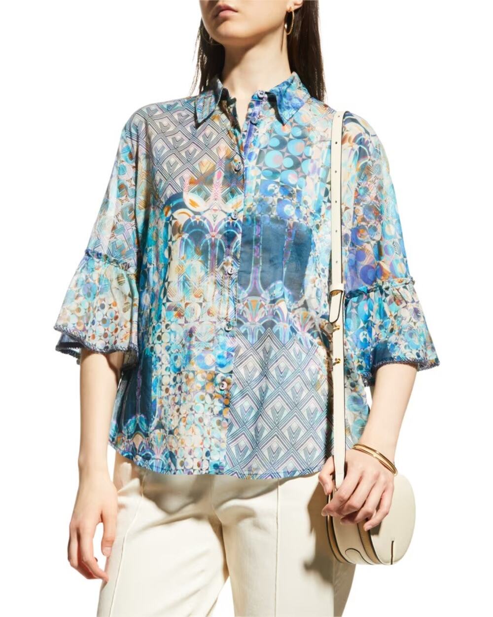 Johnny Was Workshop Klodi Bell-Sleeve Button-Down Blouse Cotton Boho Western